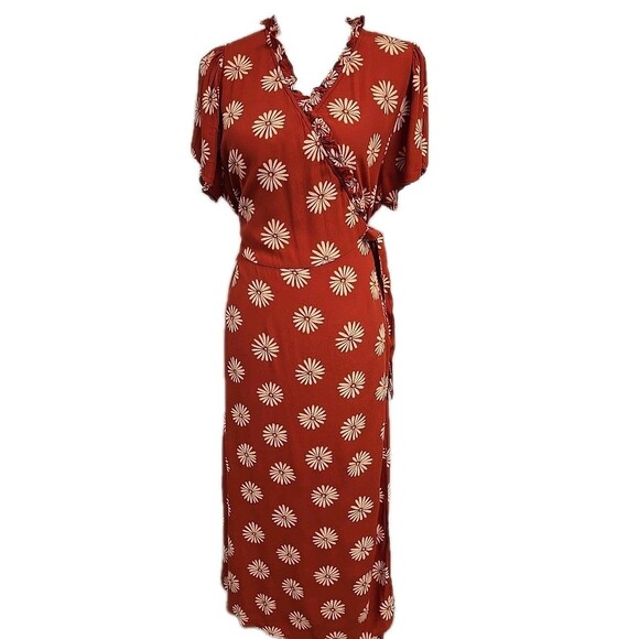 Madewell Ruffle-Edge Wrap Midi Dress Floral Daisy Daydream Orange Clay Size XL - Picture 3 of 10